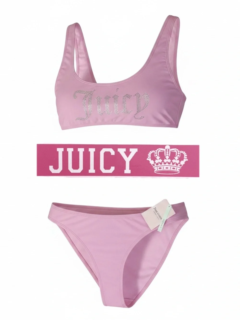 Juicy Couture 2-pc Bikini Lt Pink Rhinestones Scoop Neck High-Cut Sz Lg NEW NWT